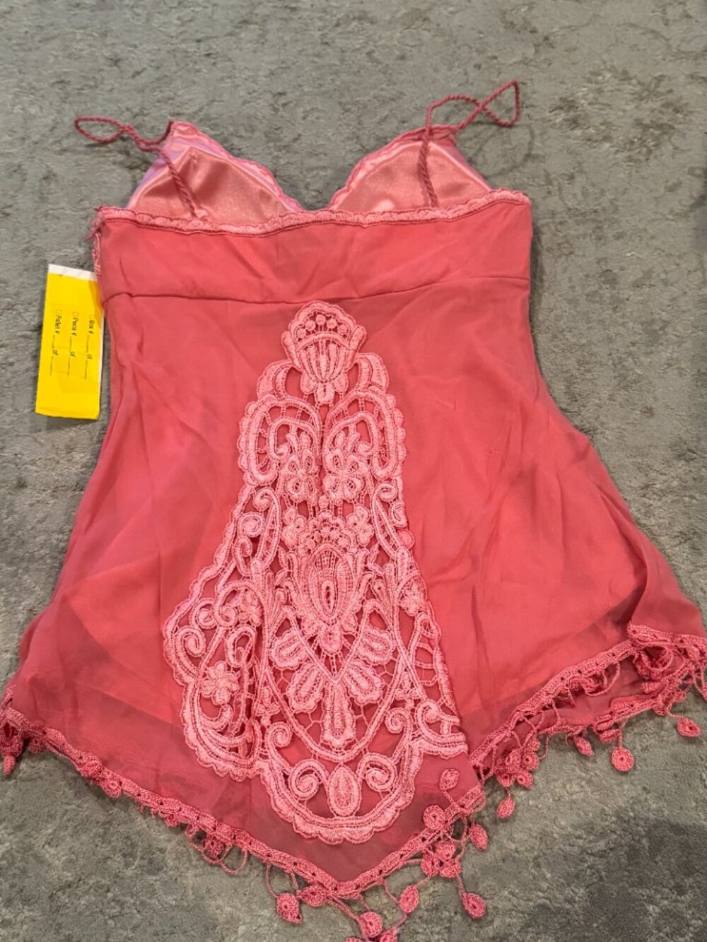 Sue Wong Silk Chiffon Y2K Handkerchief V Camisole Coral Pink Crochet Top Deco #7 - Picture 7 of 16